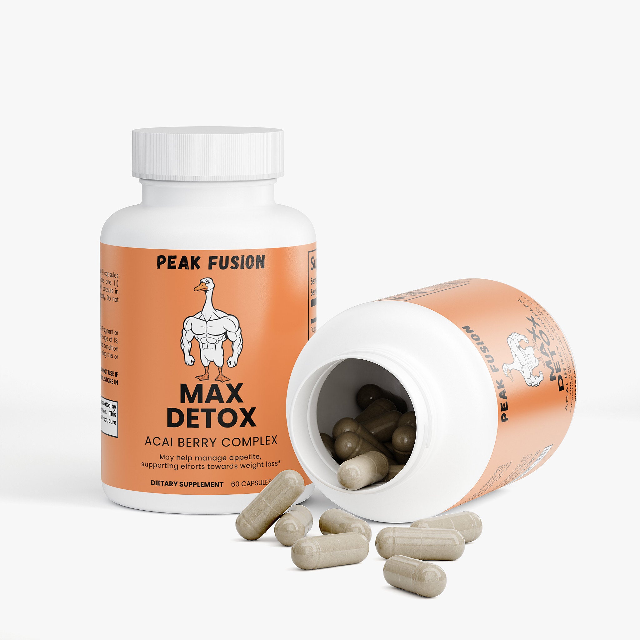 Supplement bottle labeled 'Max Detox' with open cap showing capsules on a white background