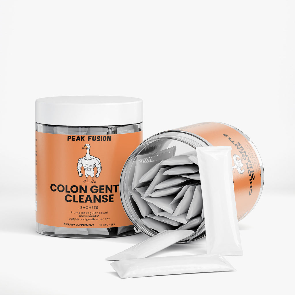 Peak Fusion Color Gent Cleanse supplement with open container showing sachets on a white background