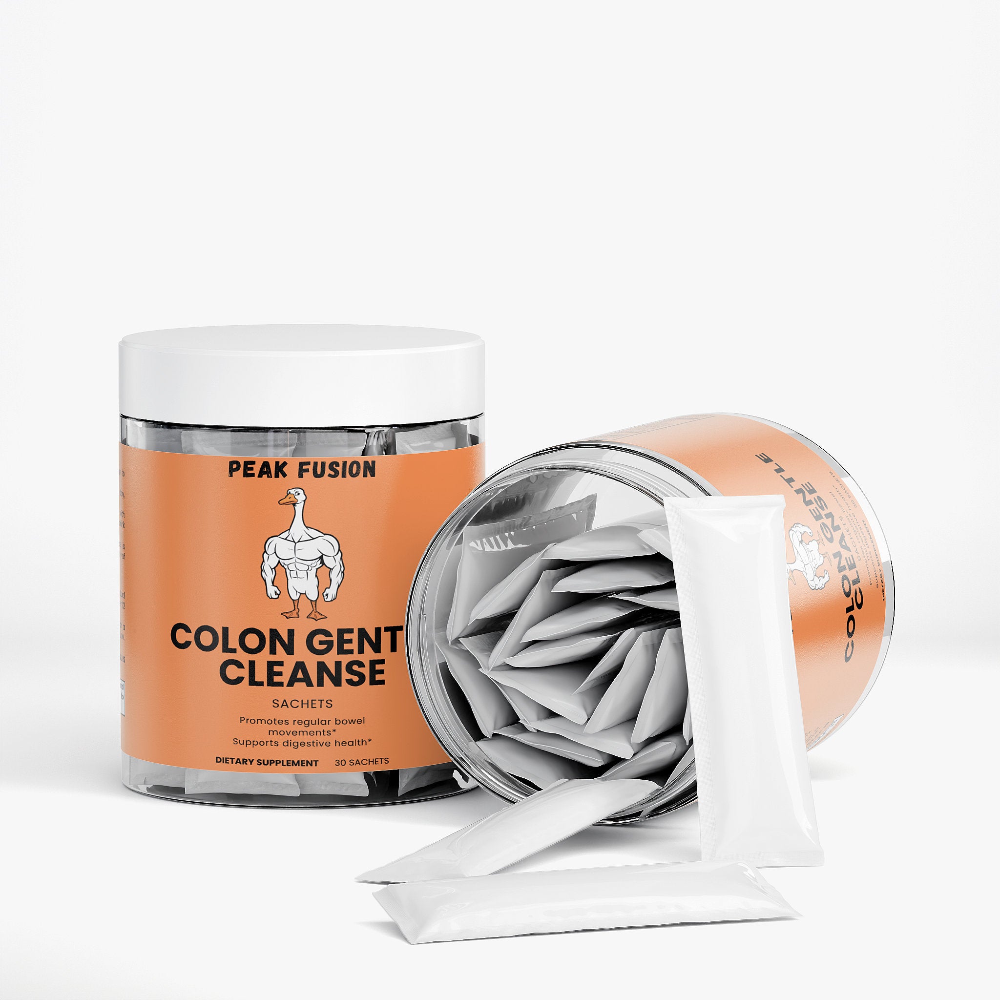 Peak Fusion Color Gent Cleanse supplement with open container showing sachets on a white background