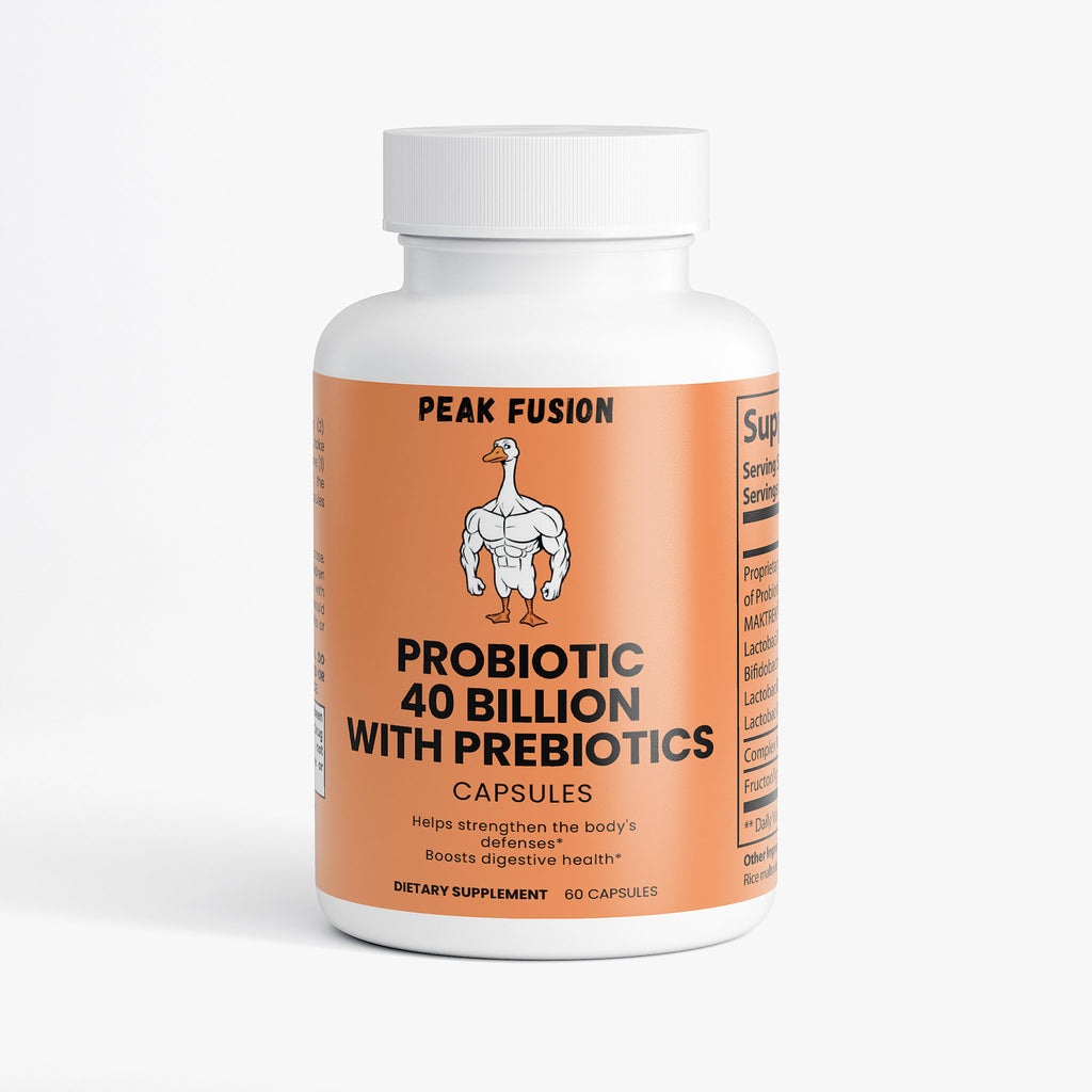 Supplement bottle labeled 'Peak Fusion Probiotic 40 Billion with Prebiotics' on a white background