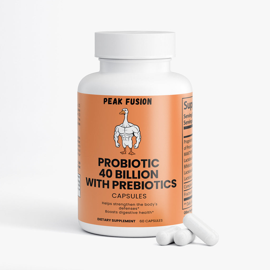 Peak Fusion probiotic supplement bottle with capsules on a white background