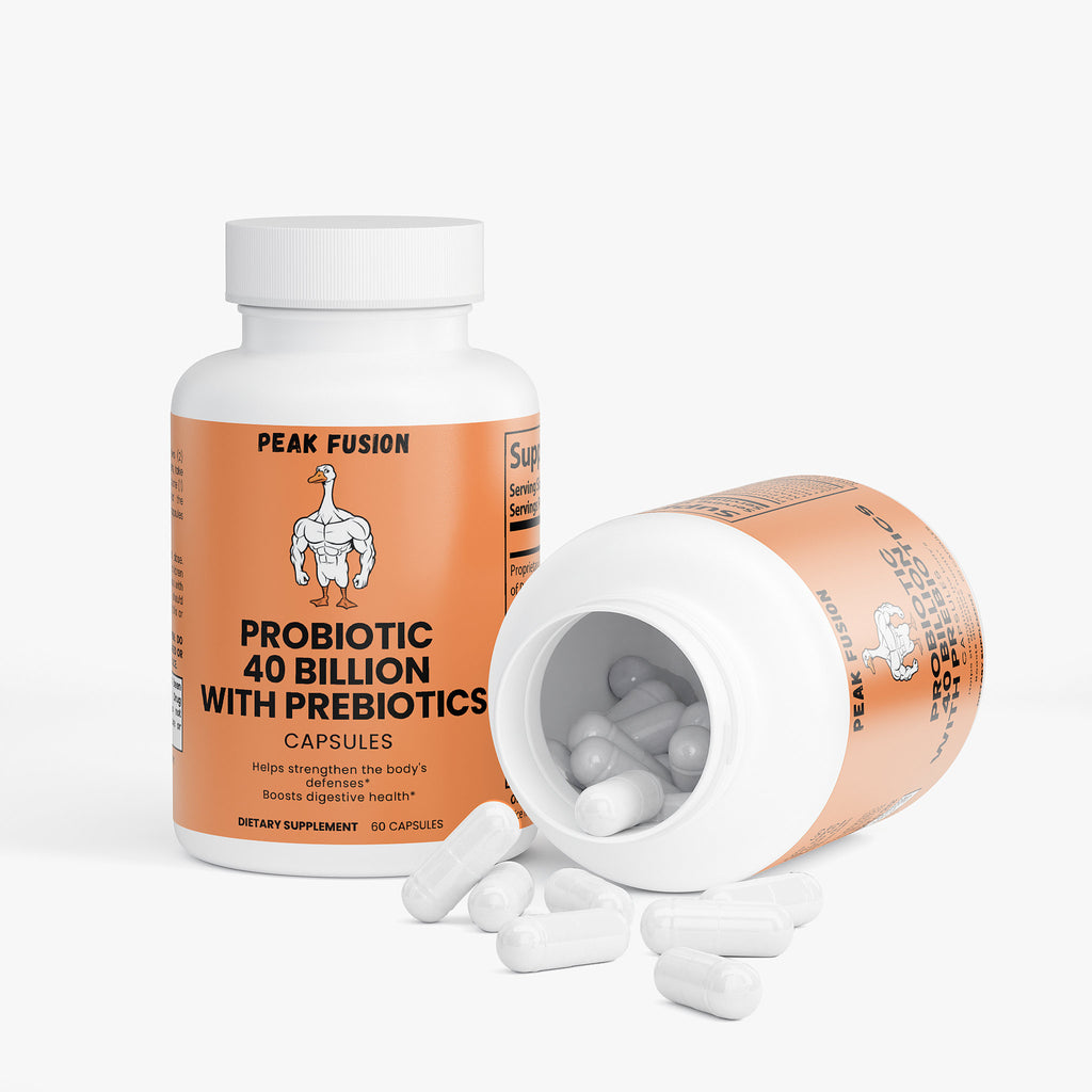 Peak Fusion probiotic supplement bottle with open cap showing capsules on a white background