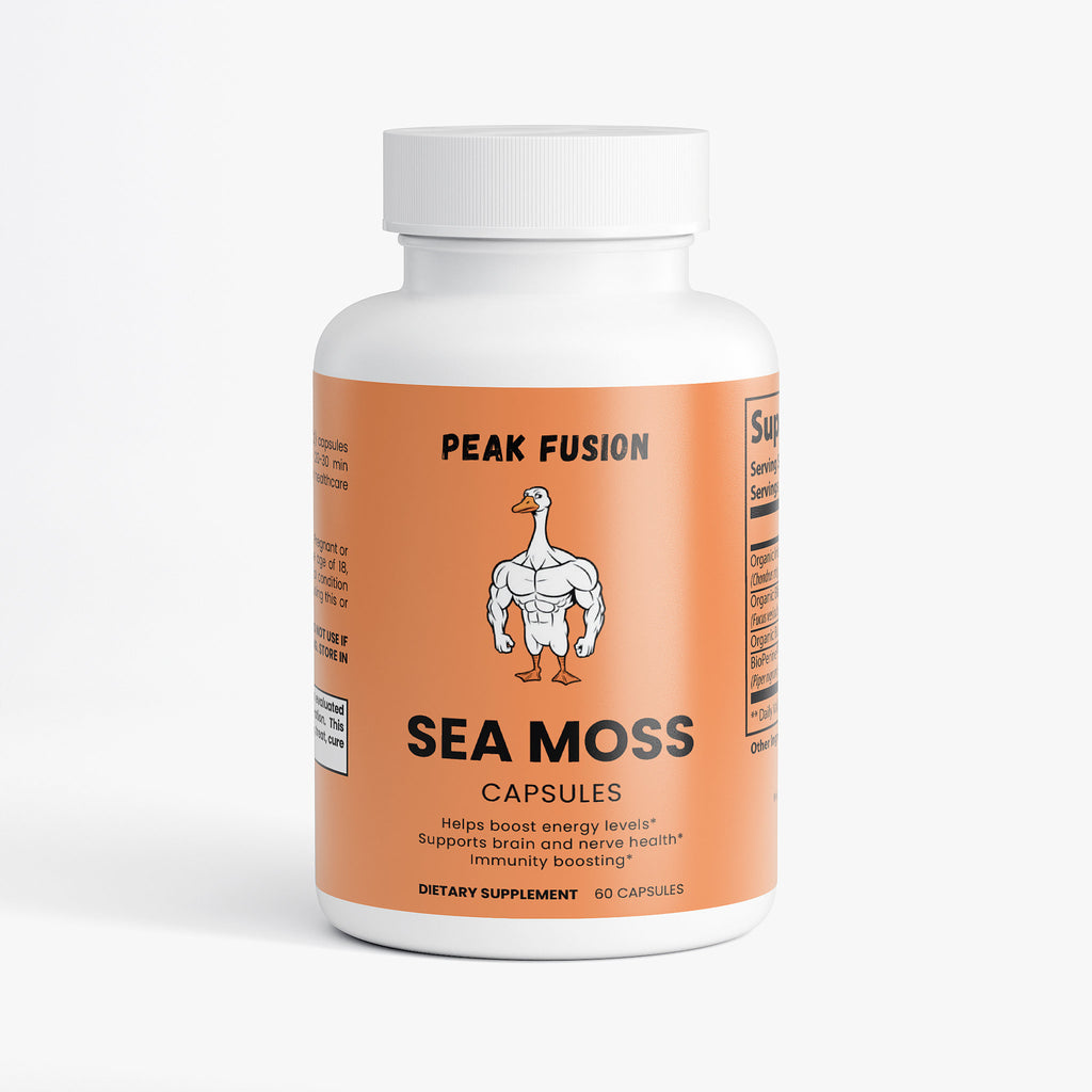 Supplement bottle labeled 'Peak Fusion Sea Moss Capsules' on a white background