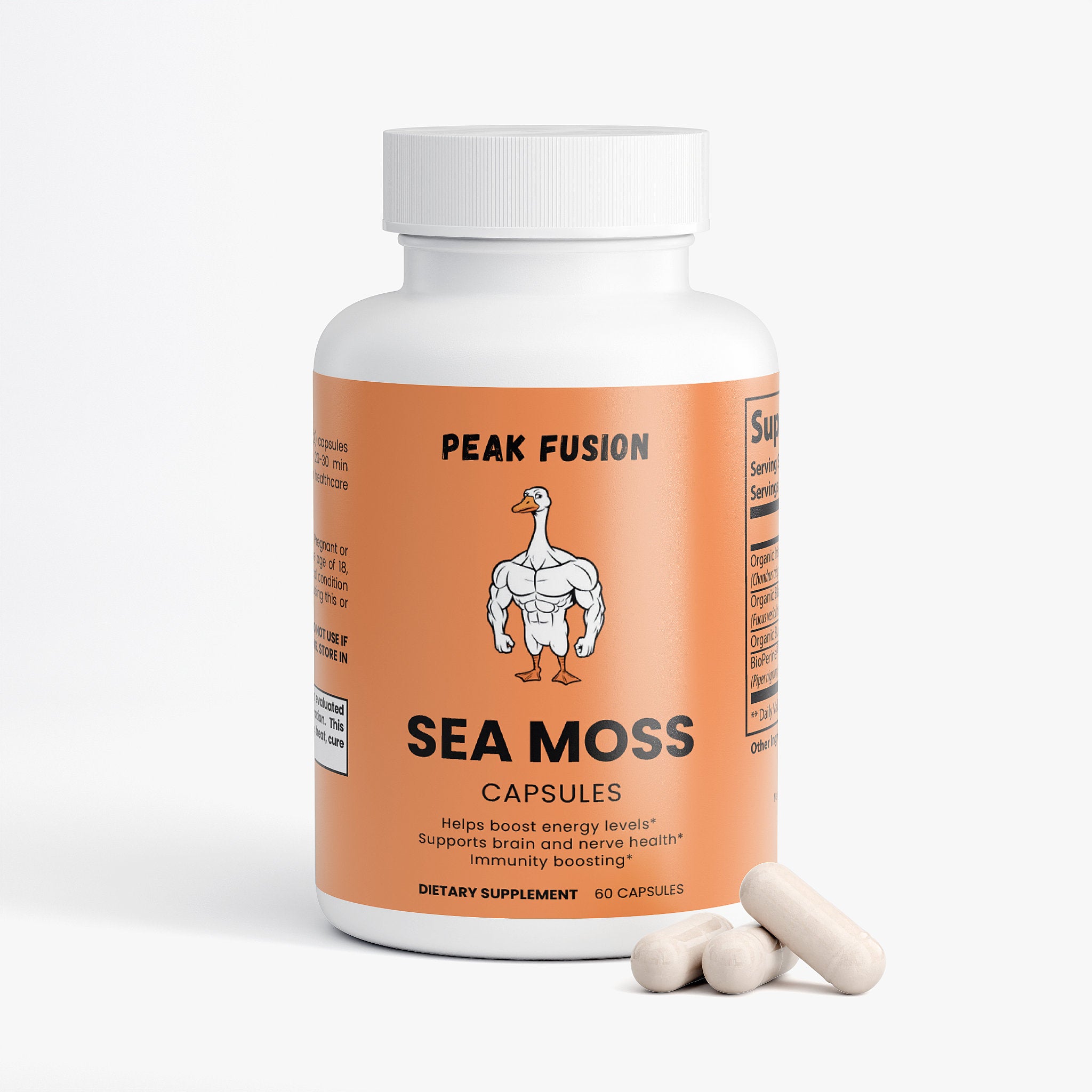 Supplement bottle labeled 'Peak Fusion Sea Moss Capsules' with two capsules on a white background