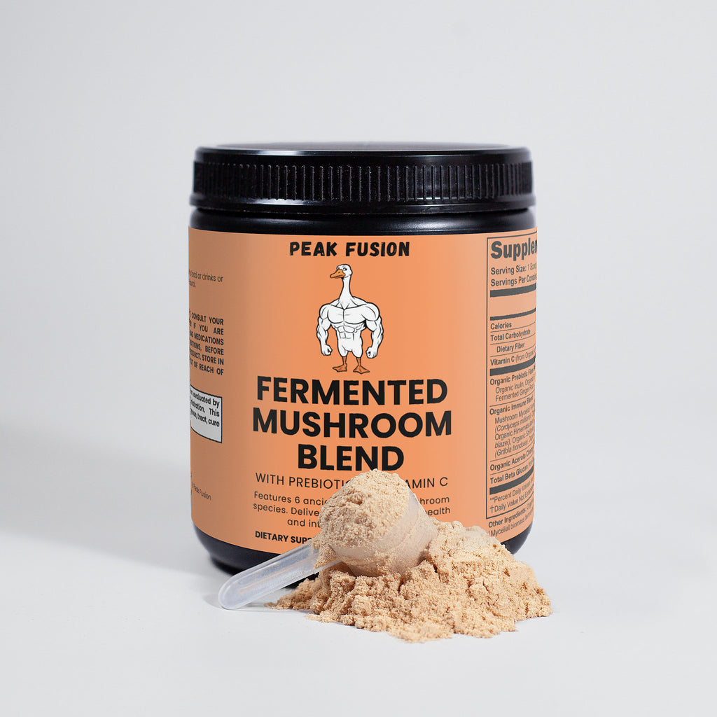 Peak Fusion fermented mushroom blend container with powder and scoop on a light gray background