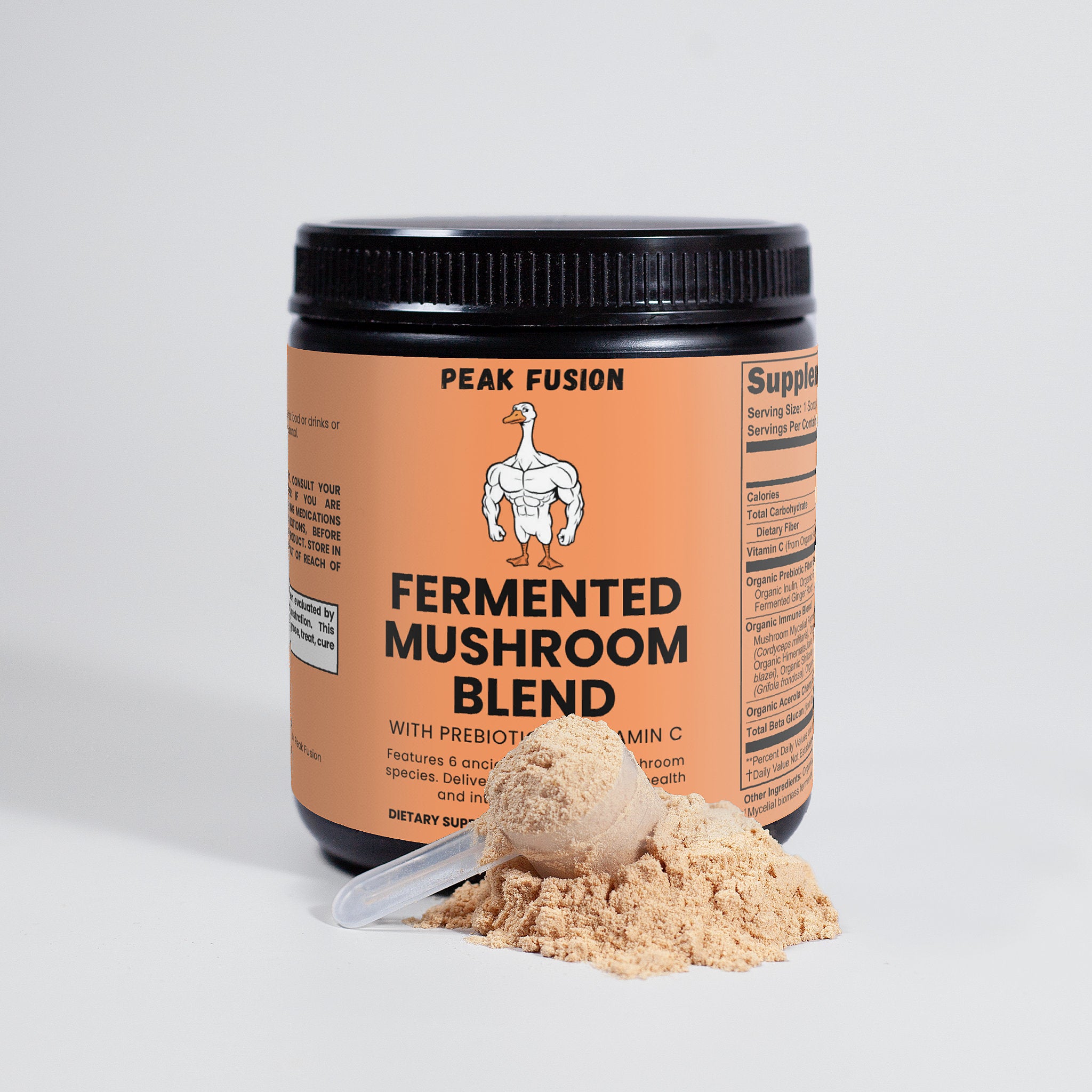 Peak Fusion fermented mushroom blend container with powder and scoop on a light gray background