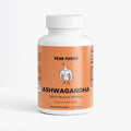 Supplement bottle labeled 'Peak Fusion Ashwagandha with Black Pepper' on an orange background