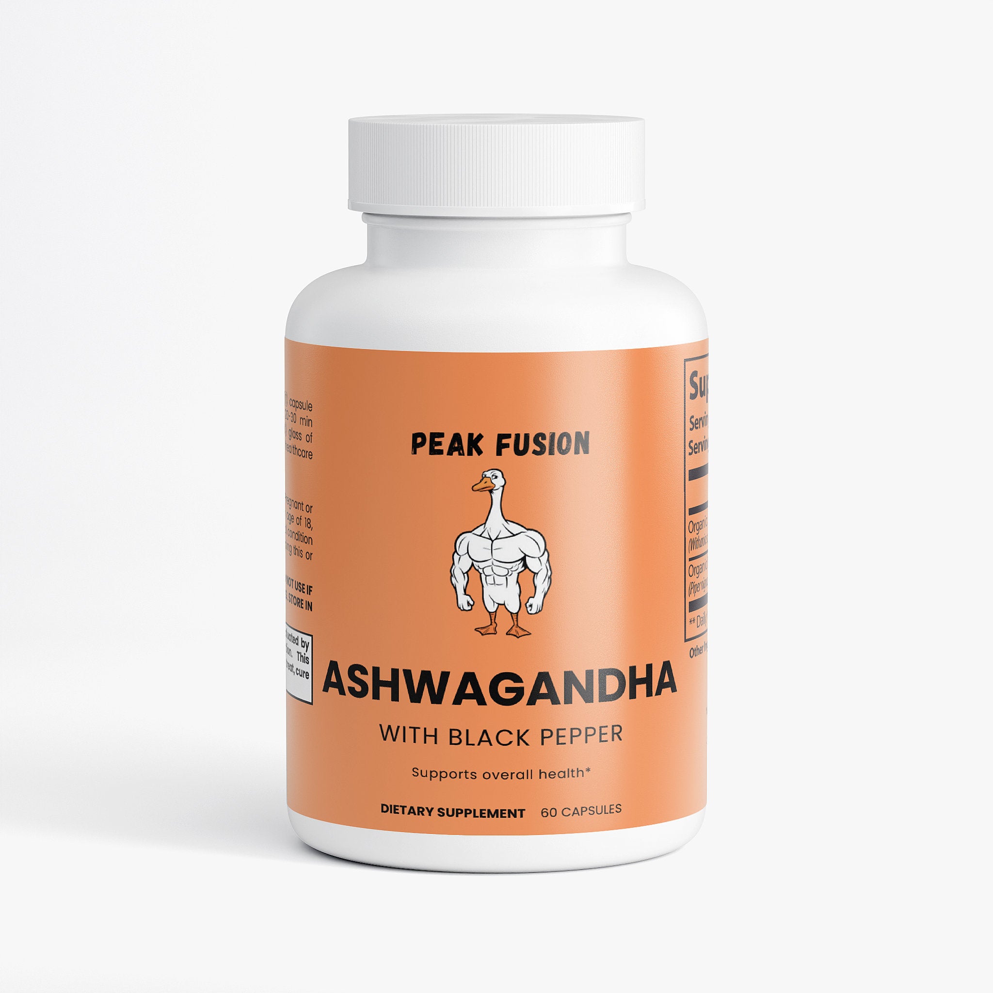 Supplement bottle labeled 'Peak Fusion Ashwagandha with Black Pepper' on an orange background