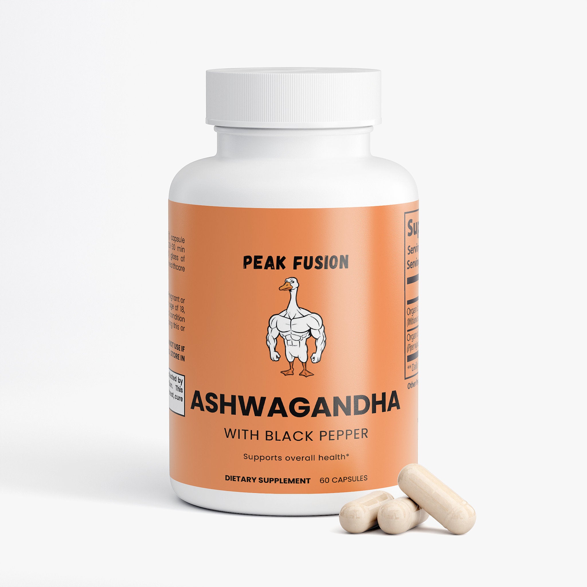 Supplement bottle labeled 'Peak Fusion Ashwagandha with Black Pepper' on a white background