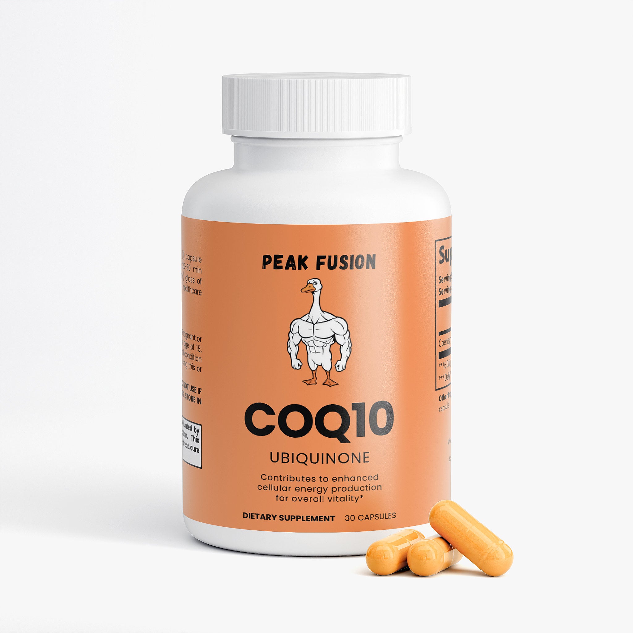 Supplement bottle labeled 'Peak Fusion COQ10 Ubiquinone' with orange capsules on a white background