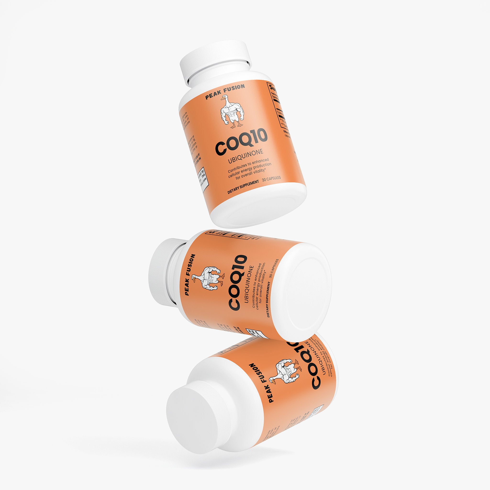Three COQ10 supplements with orange labels and white caps on a white background