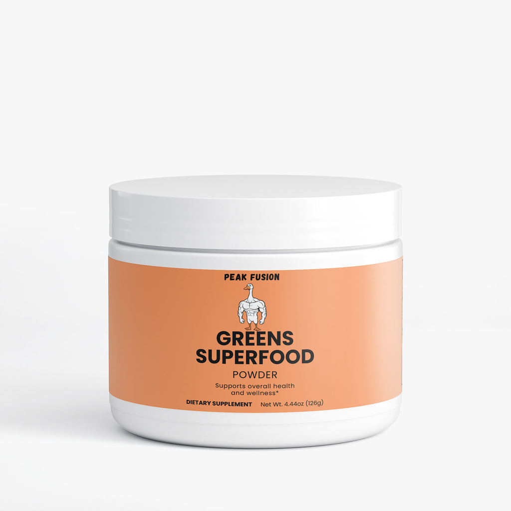 Jar of Peak Fusion Greens Superfood Powder on a white background