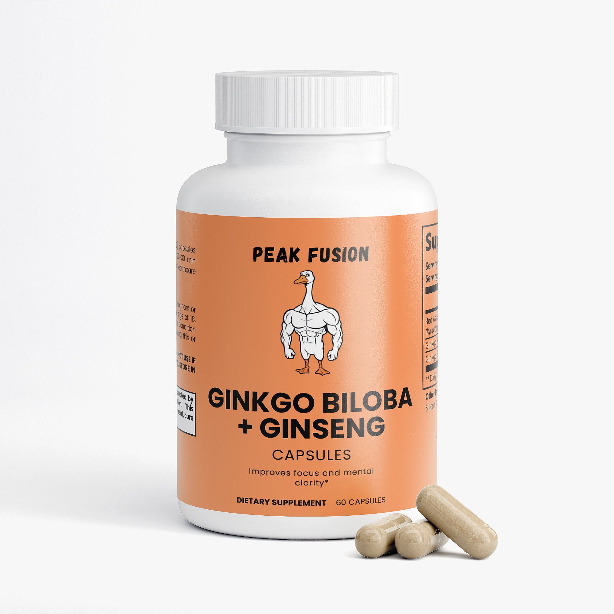 Supplement bottle labeled 'Peak Fusion Ginkgo Biloba + Ginseng' with capsules on a white background