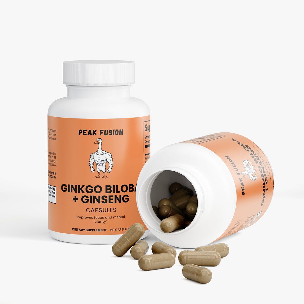 Supplement bottle labeled 'Ginkgo Biloba + Ginseng' with open cap showing capsules on a white background