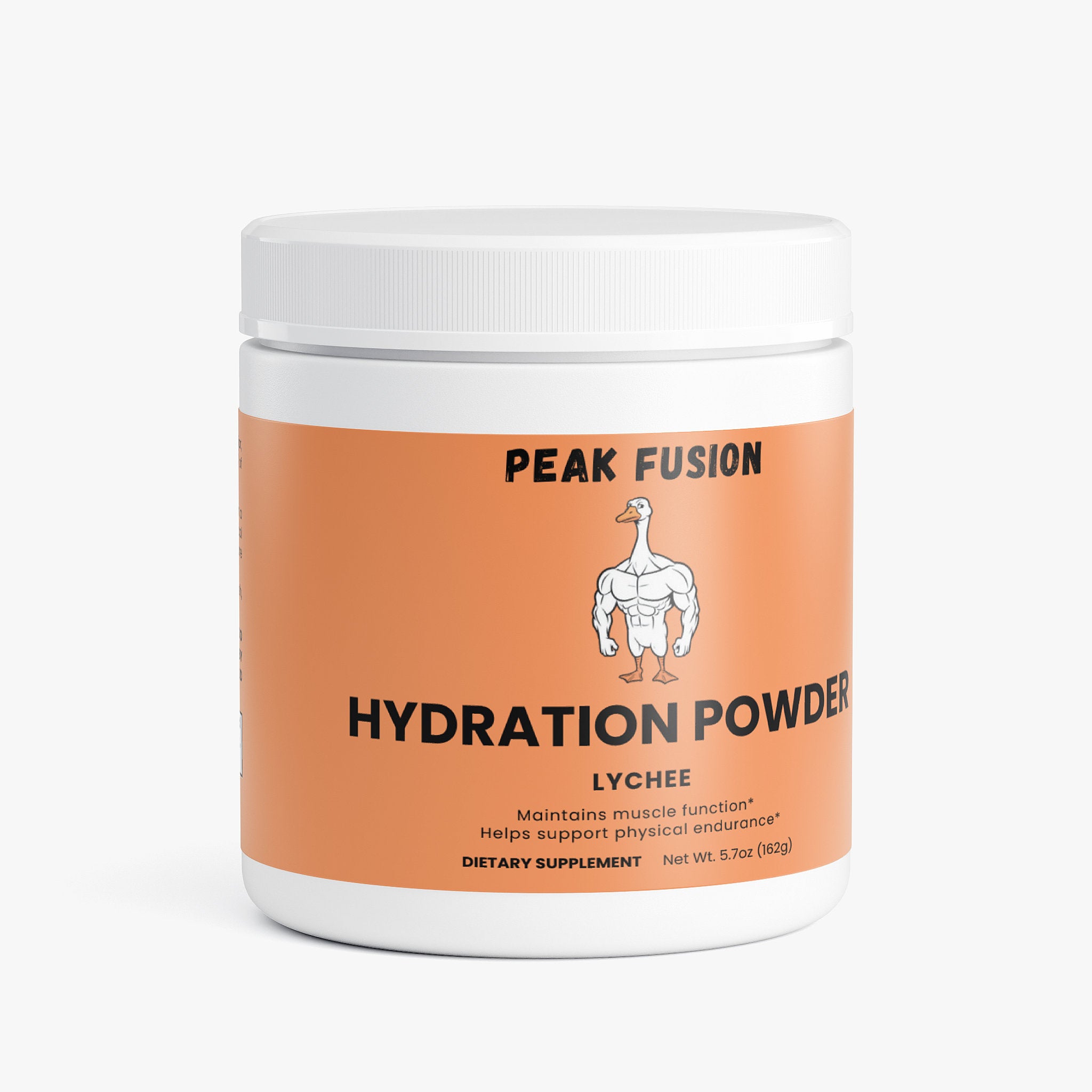 Peak Fusion Hydration Powder container with orange label on a white background
