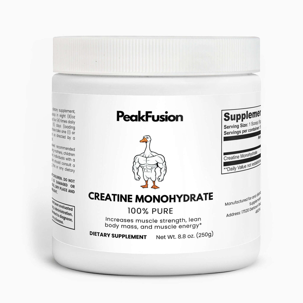 Micronized Creatine Monohydrate Supplement by PeakFusion - Micronized Powder in a white container.