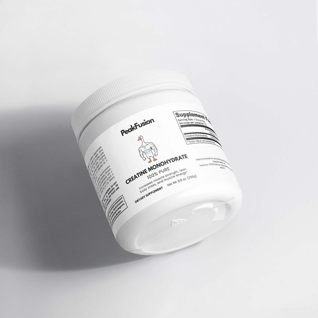 Micronized Creatine Monohydrate Supplement by PeakFusion - Micronized Powder container on a white background