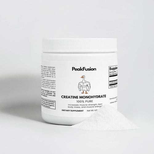 Micronized Creatine Monohydrate Supplement by PeakFusion - Micronized Powder in a white container with powder.