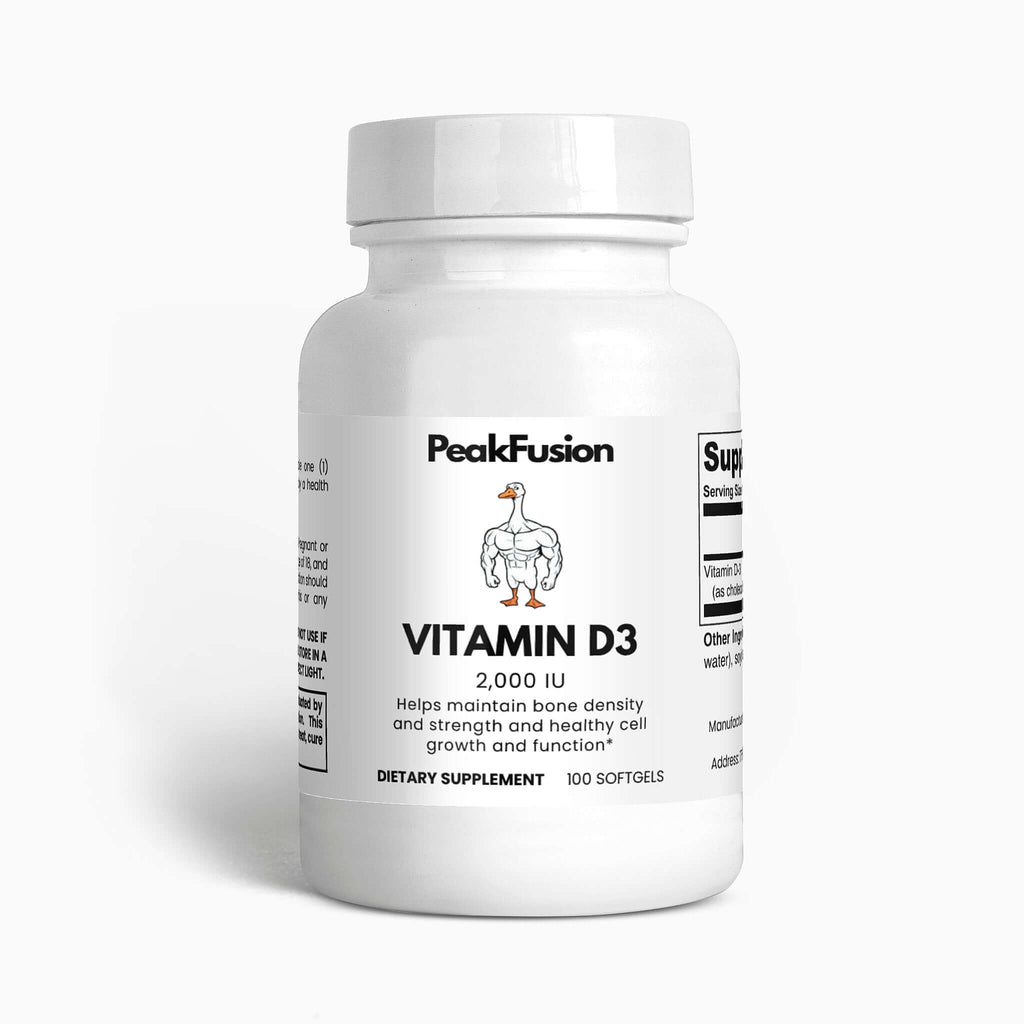 Vitamin D3 2000 IU supplement by PeakFusion in softgel bottle