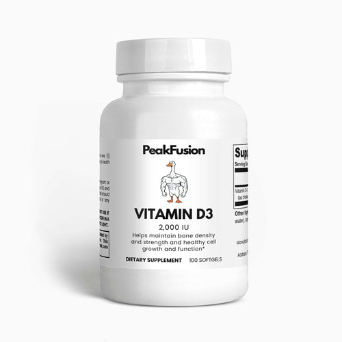 Vitamin D3 2000 IU supplement by PeakFusion in softgel bottle