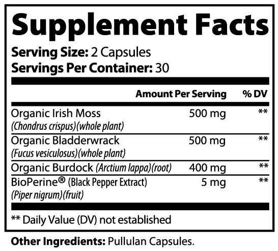 Supplement facts label with ingredients and serving sizes on a white background