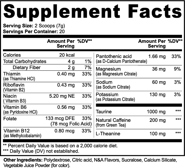 Supplement facts label with various nutrients and their amounts per serving