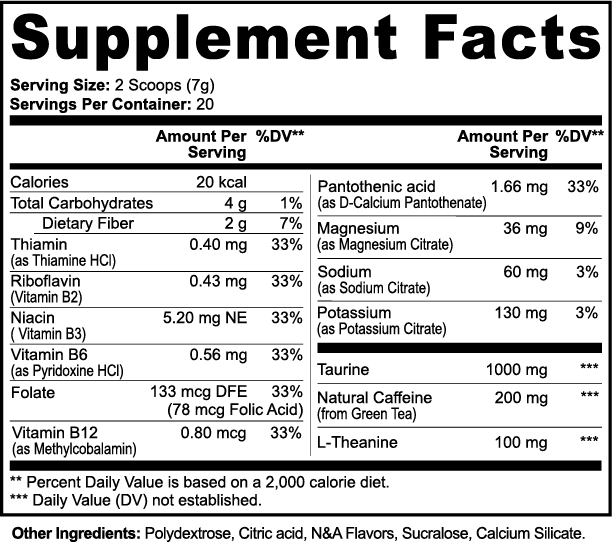 Supplement facts label with detailed nutritional information